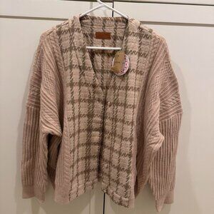 Umgee Tan Brown Plaid Cardigan With Pearl Buttons Oversized Boho Cottage Core S